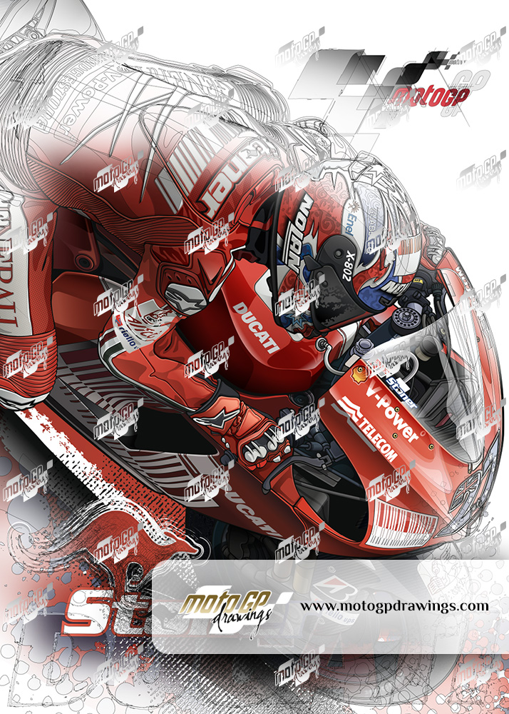 27 Casey Stoner Ducati Team Zoom Mix Couleurs / Dessin Technique